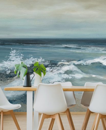 blauwe abstracte oceaanbehangmuurschildering genaamd Converging Currents van Carol Robinson