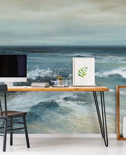 blauwe abstracte oceaanbehangmuurschildering genaamd Converging Currents van Carol Robinson