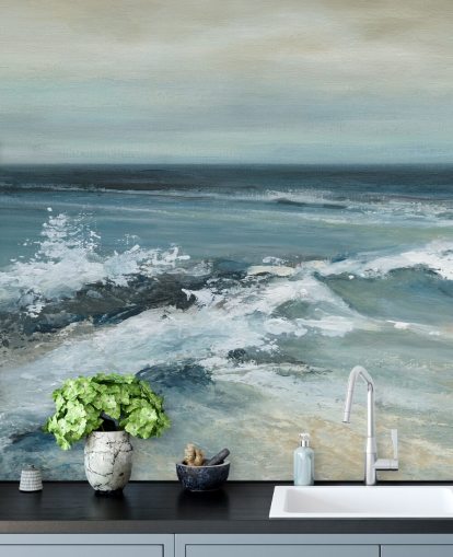 blått abstrakt havtapet veggmaleri kalt Converging Currents av Carol Robinson