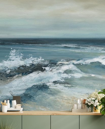 blauwe abstracte oceaanbehangmuurschildering genaamd Converging Currents van Carol Robinson