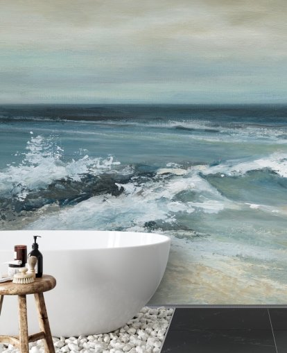 blauwe abstracte oceaanbehangmuurschildering genaamd Converging Currents van Carol Robinson