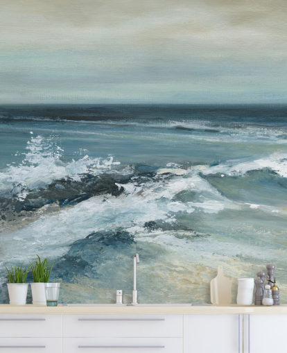 blauwe abstracte oceaanbehangmuurschildering genaamd Converging Currents van Carol Robinson