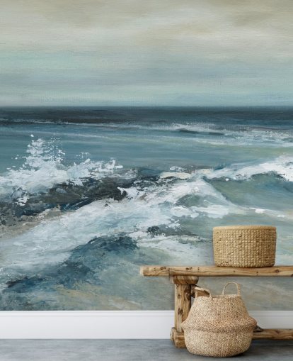 mural de papel pintado azul abstracto del océano llamado Corrientes convergentes de Carol Robinson