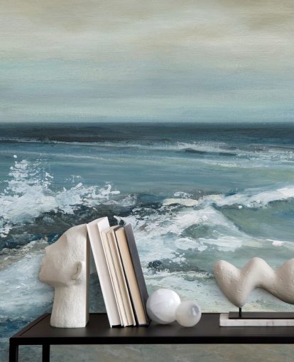 blå abstrakt havtapet vægmaleri kaldet Converging Currents af Carol Robinson