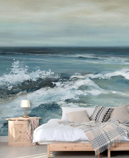 blauwe abstracte oceaanbehangmuurschildering genaamd Converging Currents van Carol Robinson