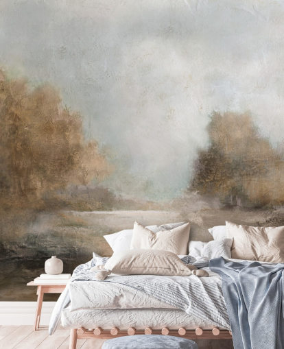 ljusbrun abstrakt tapetväggmålning kallad Creekside Stillness av Carol Robinson ljusbrun abstrakt tapetväggmålning kallad Creekside Stillness av Carol Robinson