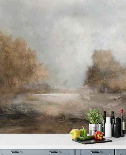 lichtbruine abstracte behangmuurschildering genaamd Creekside Stillness van Carol Robinson