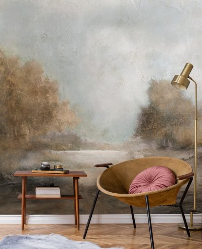 lichtbruine abstracte behangmuurschildering genaamd Creekside Stillness van Carol Robinson