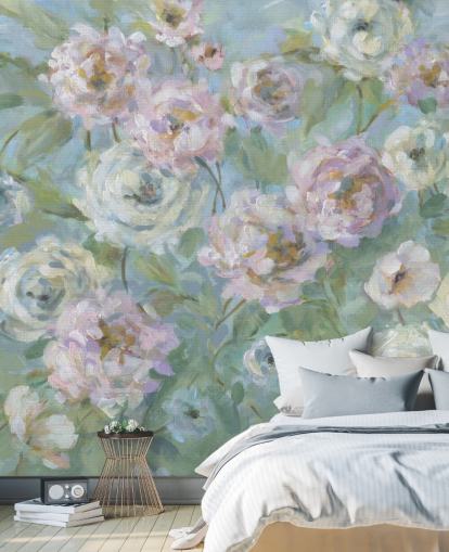 pink, white and green garden wallpaper mural called Delicate Rose Garden by Carol Robinson for living rooms and bedrooms