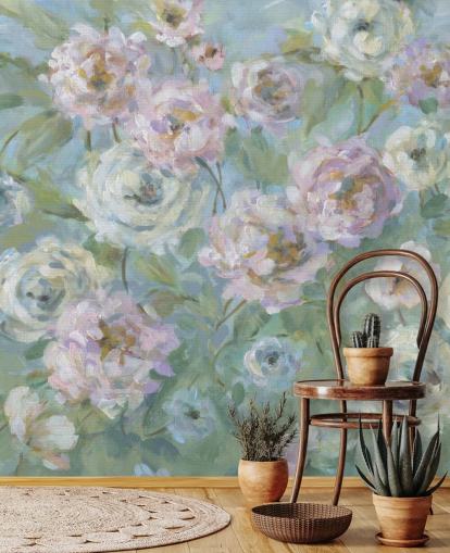 pink, white and green garden wallpaper mural called Delicate Rose Garden by Carol Robinson for living rooms and bedrooms