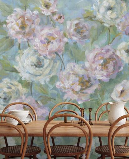 mural de papel de parede de jardim rosa, branco e verde chamado Delicate Rose Garden de Carol Robinson para salas de estar e quartos