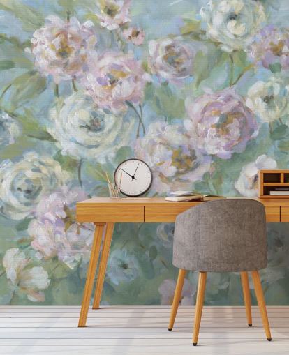 mural de papel pintado de jardín rosa, blanco y verde llamado Delicate Rose Garden de Carol Robinson para salas de estar y dormitorios