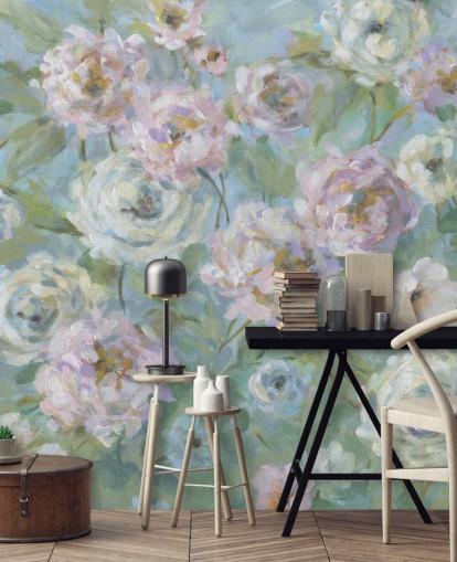pink, white and green garden wallpaper mural called Delicate Rose Garden by Carol Robinson for living rooms and bedrooms