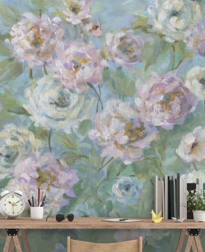 pink, white and green garden wallpaper mural called Delicate Rose Garden by Carol Robinson for living rooms and bedrooms