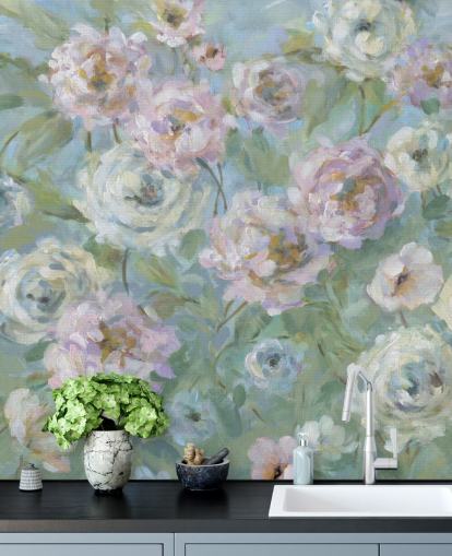 pink, white and green garden wallpaper mural called Delicate Rose Garden by Carol Robinson for living rooms and bedrooms pink, white and green garden wallpaper mural called Delicate Rose Garden by Carol Robinson for living rooms and bedrooms