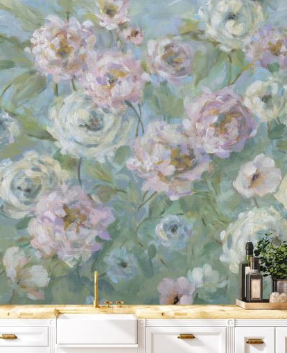 pink, white and green garden wallpaper mural called Delicate Rose Garden by Carol Robinson for living rooms and bedrooms