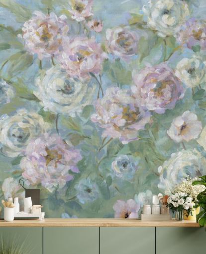papier peint mural de jardin rose, blanc et vert appelé Delicate Rose Garden par Carol Robinson pour les salons et les chambres papier peint mural de jardin rose, blanc et vert appelé Delicate Rose Garden par Carol Robinson pour les salons et les chambres