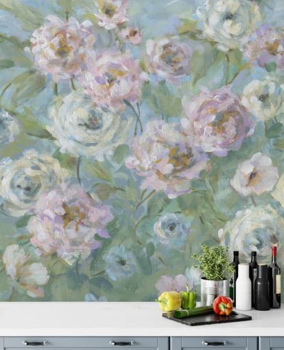 lyserødt, hvidt og grønt havetapet vægmaleri kaldet Delicate Rose Garden af Carol Robinson til stuer og soveværelser lyserødt, hvidt og grønt havetapet vægmaleri kaldet Delicate Rose Garden af Carol Robinson til stuer og soveværelser