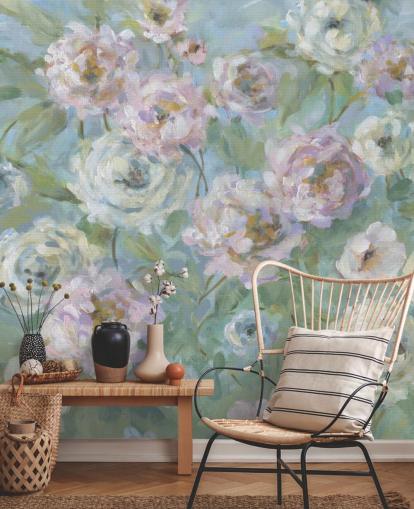 pink, white and green garden wallpaper mural called Delicate Rose Garden by Carol Robinson for living rooms and bedrooms