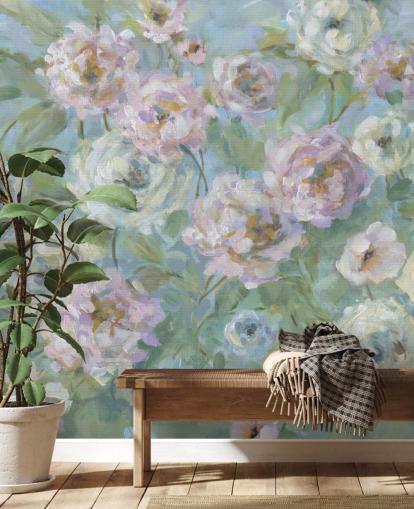 pink, white and green garden wallpaper mural called Delicate Rose Garden by Carol Robinson for living rooms and bedrooms