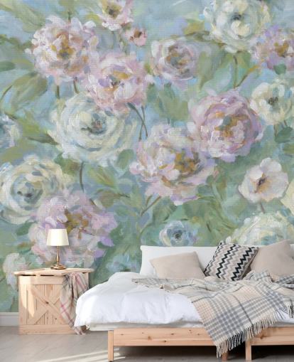 Gartentapete Delicate Rose Garden von Carol Robinson in Rosa, Weiß und Grün für Wohn- und Schlafzimmer