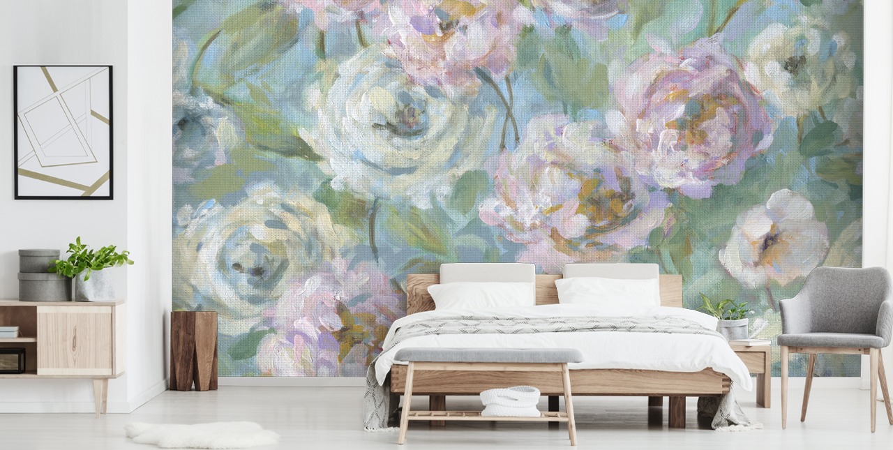 carta da parati murale da giardino rosa, bianca e verde chiamata Delicate Rose Garden di Carol Robinson per salotti e camere da letto