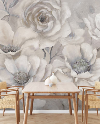 mural de papel pintado floral blanco llamado Full Pewter Blooms de Carol Robinson para dormitorios y salas de estar