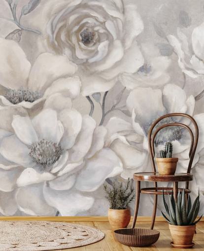 papier peint mural floral blanc appelé Full Pewter Blooms par Carol Robinson pour les chambres et les salons