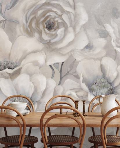 carta da parati murale floreale bianca chiamata Full Pewter Blooms di Carol Robinson per camere da letto e salotti