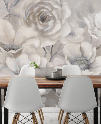 weiße Blumentapete namens Full Pewter Blooms von Carol Robinson für Schlafzimmer und Wohnzimmer