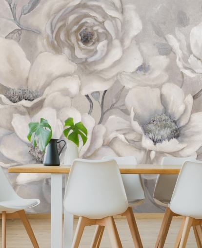 white floral wallpaper mural called Full Pewter Blooms by Carol Robinson for bedrooms and living rooms
