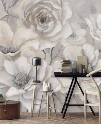 white floral wallpaper mural called Full Pewter Blooms by Carol Robinson for bedrooms and living rooms