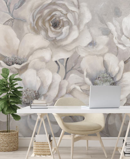 white floral wallpaper mural called Full Pewter Blooms by Carol Robinson for bedrooms and living rooms