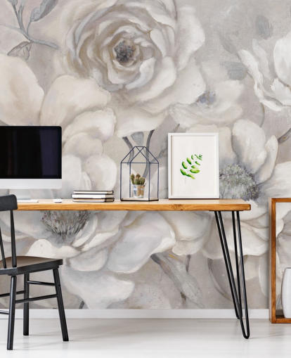 white floral wallpaper mural called Full Pewter Blooms by Carol Robinson for bedrooms and living rooms