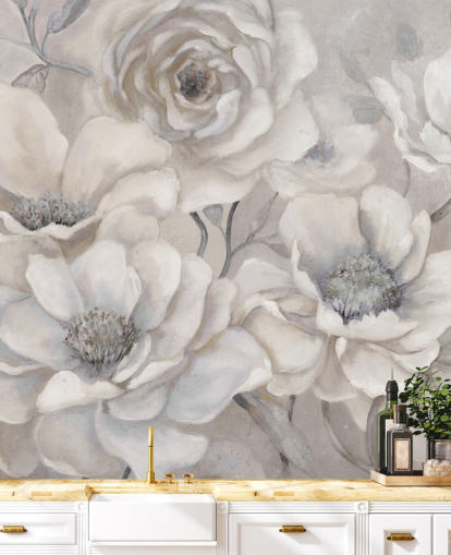 white floral wallpaper mural called Full Pewter Blooms by Carol Robinson for bedrooms and living rooms