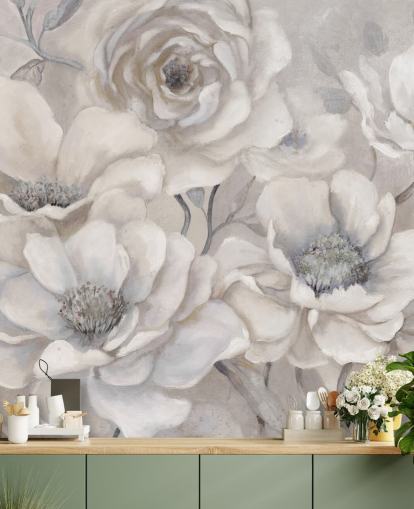 white floral wallpaper mural called Full Pewter Blooms by Carol Robinson for bedrooms and living rooms