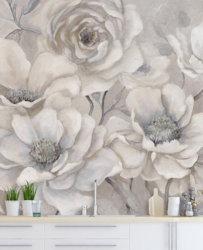 papier peint mural floral blanc appelé Full Pewter Blooms par Carol Robinson pour les chambres et les salons papier peint mural floral blanc appelé Full Pewter Blooms par Carol Robinson pour les chambres et les salons