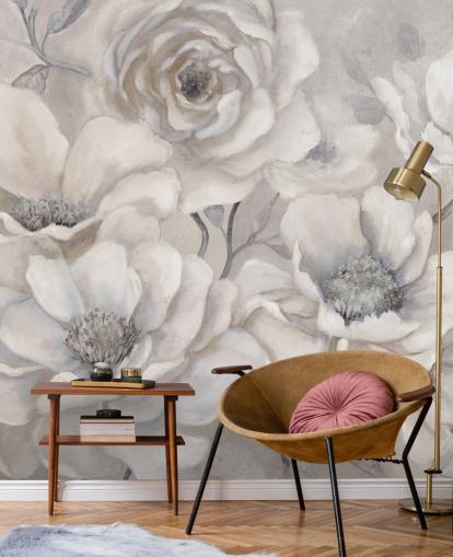 hvitt blomstertapet veggmaleri kalt Full Pewter Blooms av Carol Robinson for soverom og stuer hvitt blomstertapet veggmaleri kalt Full Pewter Blooms av Carol Robinson for soverom og stuer