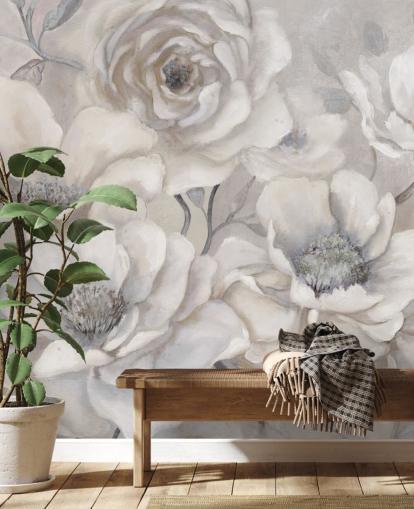 vit blommig tapetväggmålning kallad Full Pewter Blooms av Carol Robinson för sovrum och vardagsrum vit blommig tapetväggmålning kallad Full Pewter Blooms av Carol Robinson för sovrum och vardagsrum
