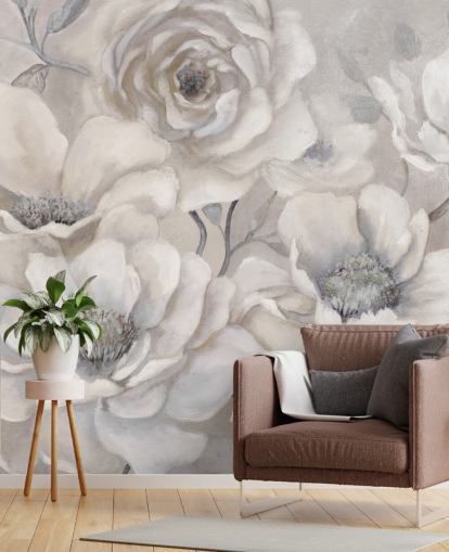 hvidt blomstertapet vægmaleri kaldet Full Pewter Blooms af Carol Robinson til soveværelser og stuer