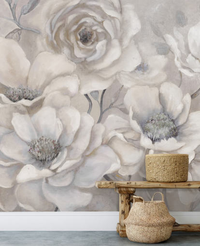 white floral wallpaper mural called Full Pewter Blooms by Carol Robinson for bedrooms and living rooms