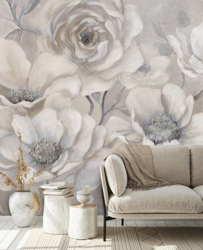 white floral wallpaper mural called Full Pewter Blooms by Carol Robinson for bedrooms and living rooms