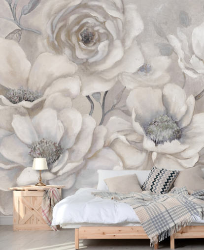 hvitt blomstertapet veggmaleri kalt Full Pewter Blooms av Carol Robinson for soverom og stuer