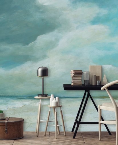carta da parati murale blu con paesaggio marino chiamato Kissing the Ocean di Carol Robinson per camere da letto e salotti