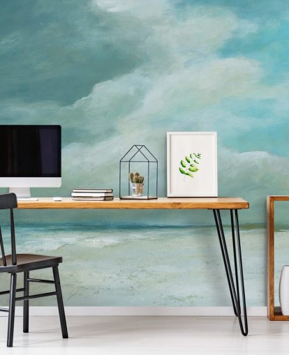blauwe muurschildering met zeegezicht genaamd Kissing the Ocean van Carol Robinson voor slaapkamers en woonkamers blauwe muurschildering met zeegezicht genaamd Kissing the Ocean van Carol Robinson voor slaapkamers en woonkamers