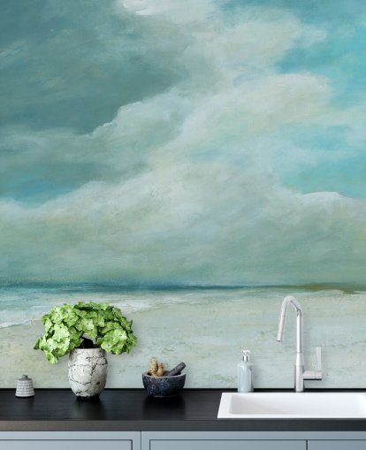 blue seascape wallpaper mural called Kissing the Ocean by Carol Robinson for bedrooms and living rooms