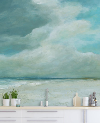 carta da parati murale blu con paesaggio marino chiamato Kissing the Ocean di Carol Robinson per camere da letto e salotti