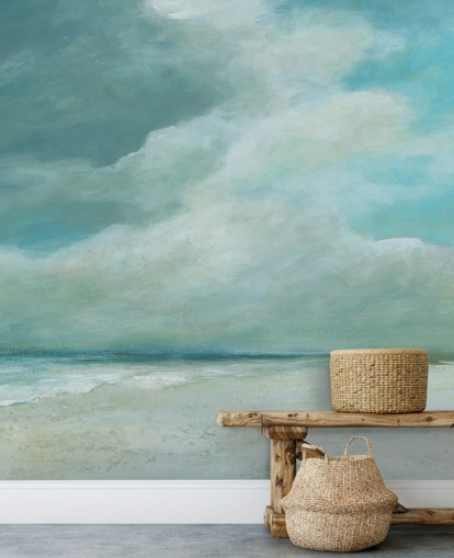 blue seascape wallpaper mural called Kissing the Ocean by Carol Robinson for bedrooms and living rooms
