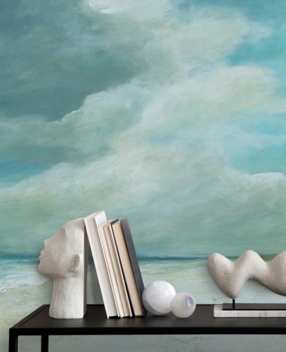 blauwe muurschildering met zeegezicht genaamd Kissing the Ocean van Carol Robinson voor slaapkamers en woonkamers blauwe muurschildering met zeegezicht genaamd Kissing the Ocean van Carol Robinson voor slaapkamers en woonkamers