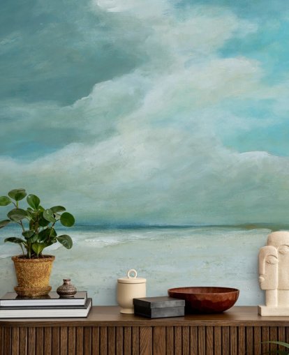 blue seascape wallpaper mural called Kissing the Ocean by Carol Robinson for bedrooms and living rooms